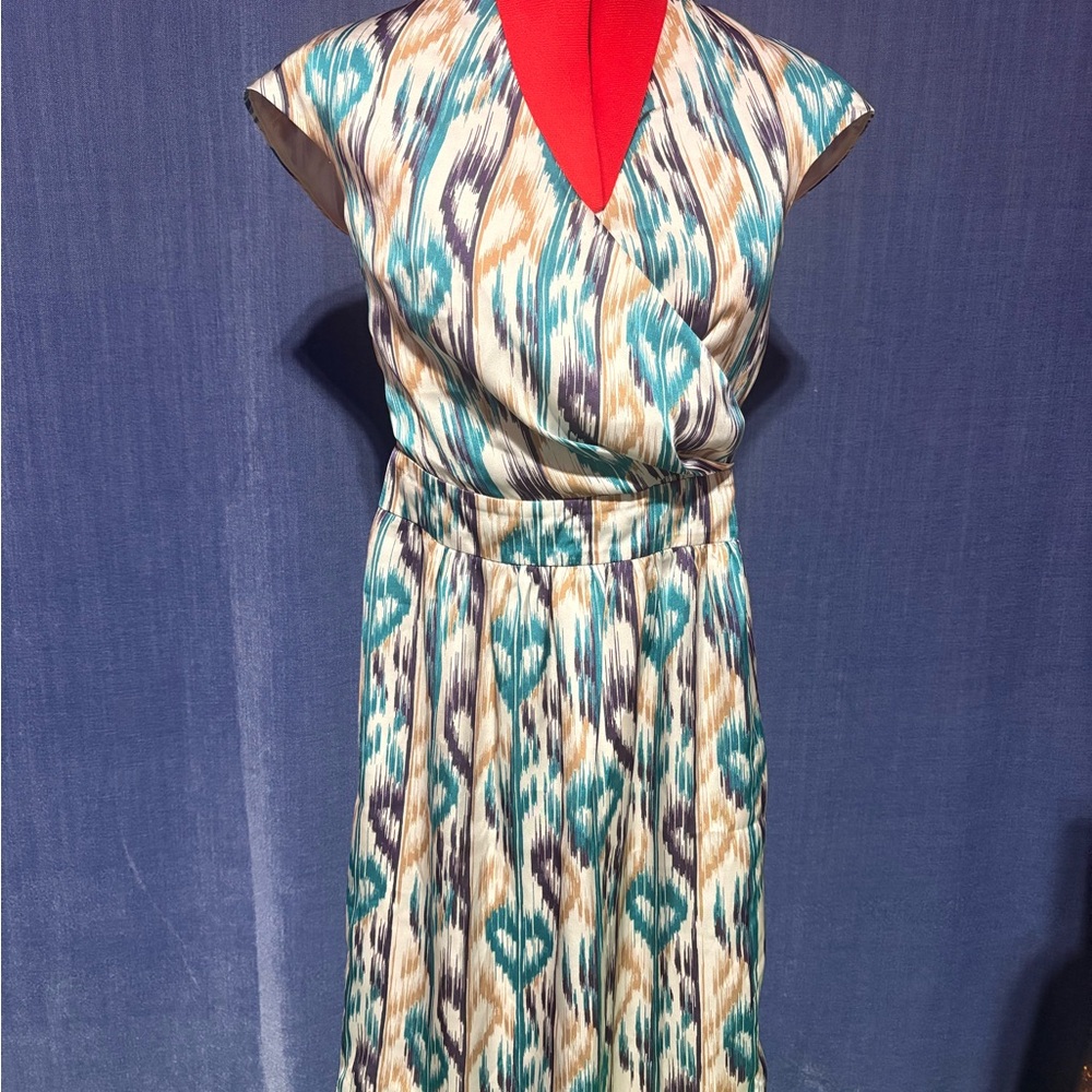 Vintage Moschino Blue Tan Wrap Tie Front Midi Dress